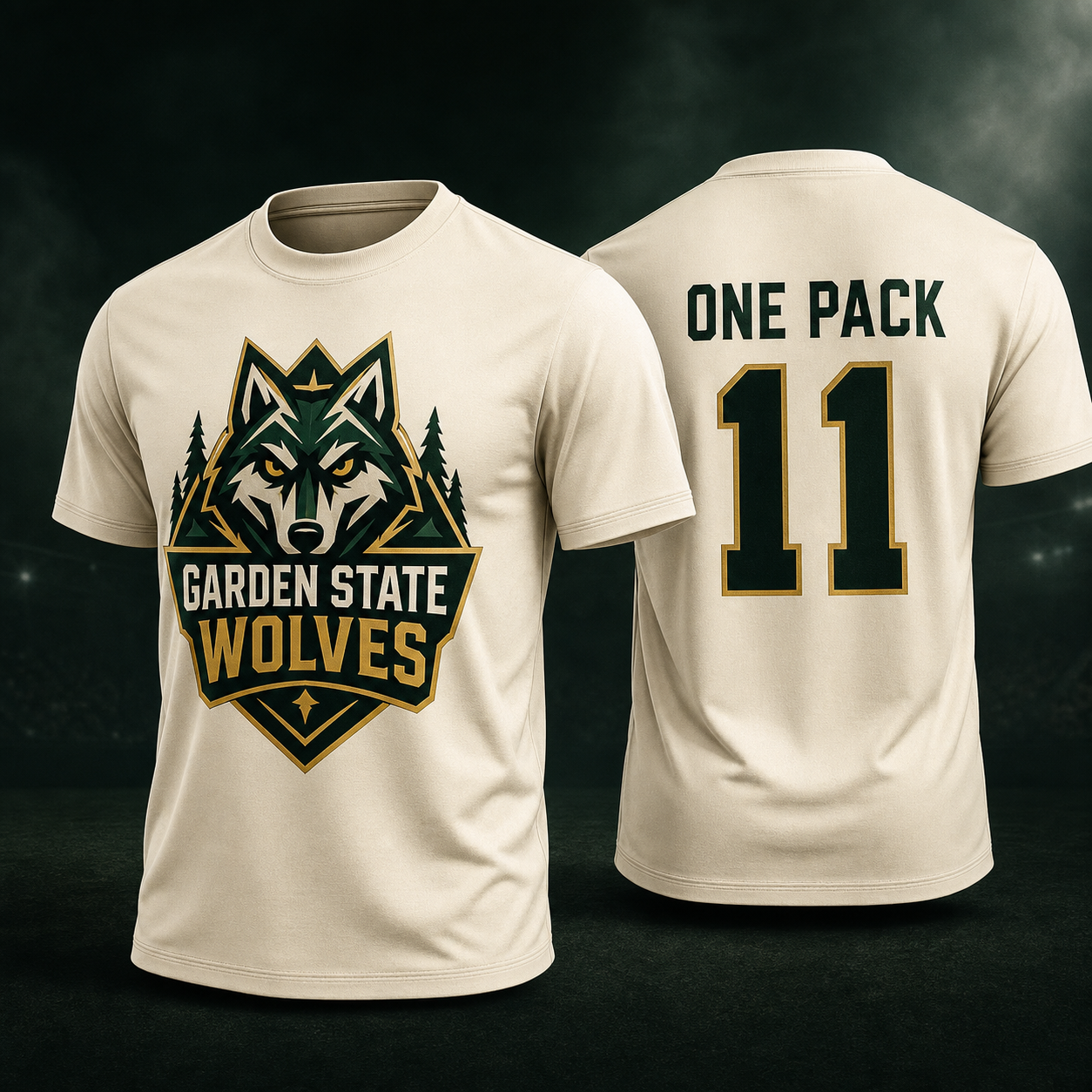 Forest green and gold Garden State Wolves custom shirts