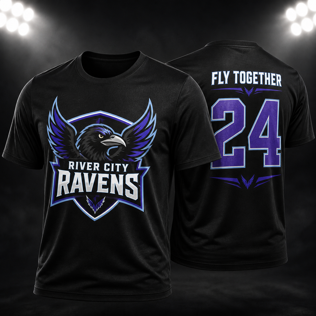 Purple and ice blue River City Ravens custom shirts